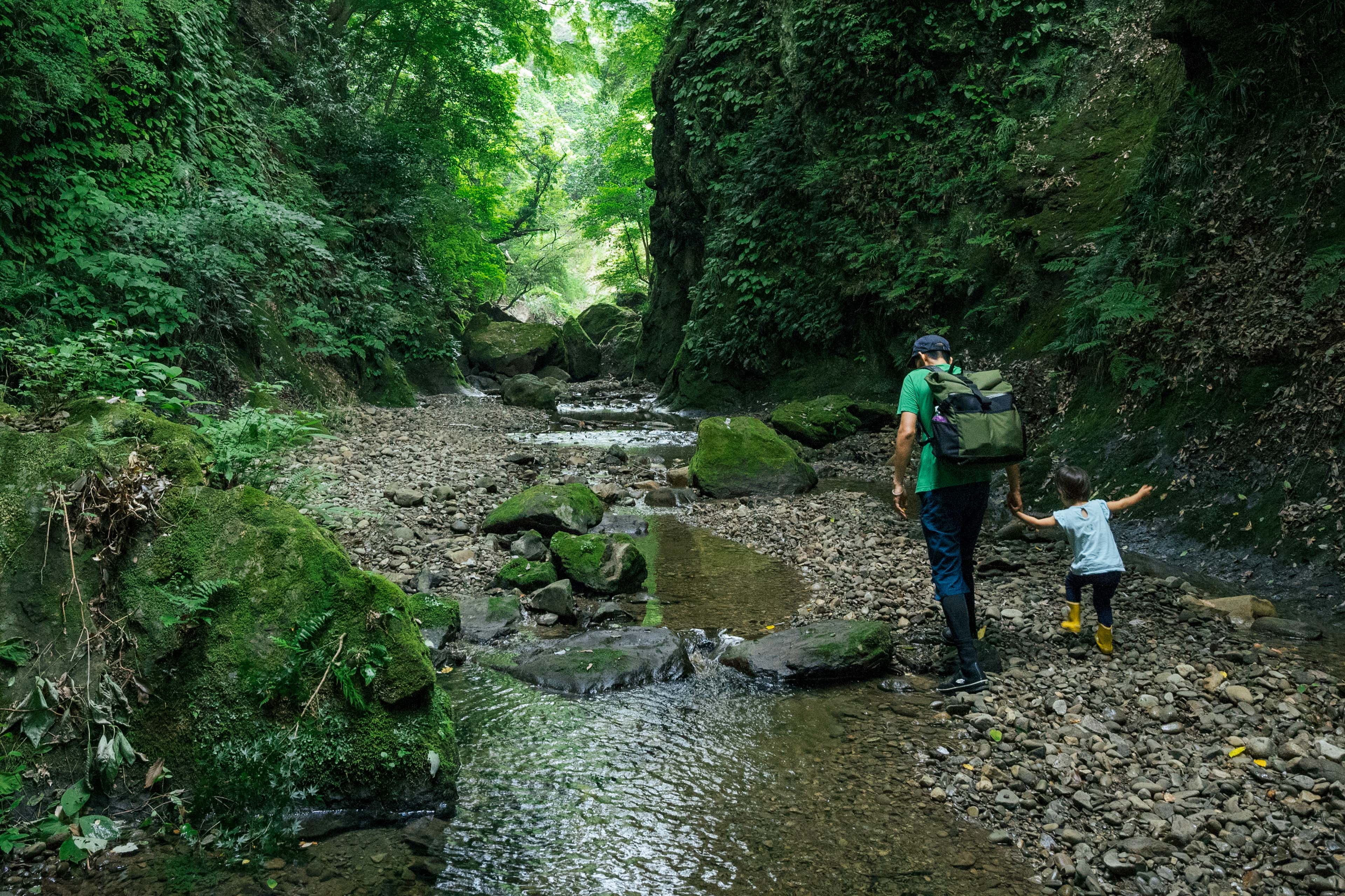 Father and child hiking together in a forest stream