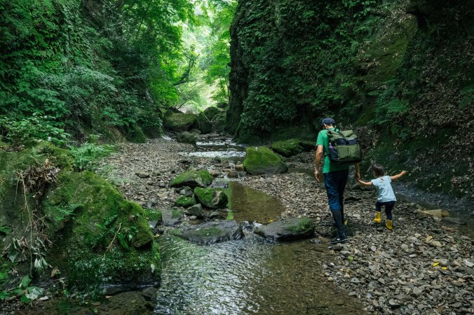 Father and child hiking together in a forest stream