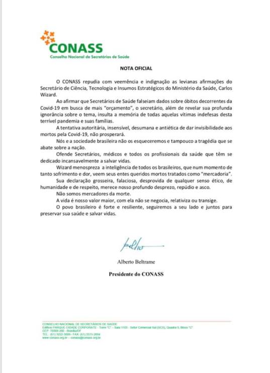 nota oficial Conselho Nacional dos Secretários de Saúde