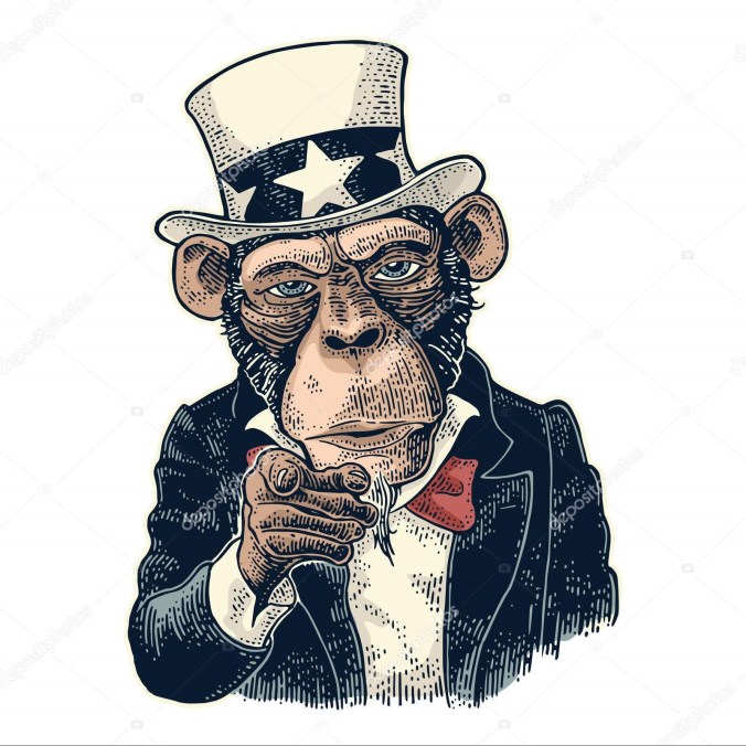 Monkey Uncle Sam with pointing finger at viewer. Vintage engraving