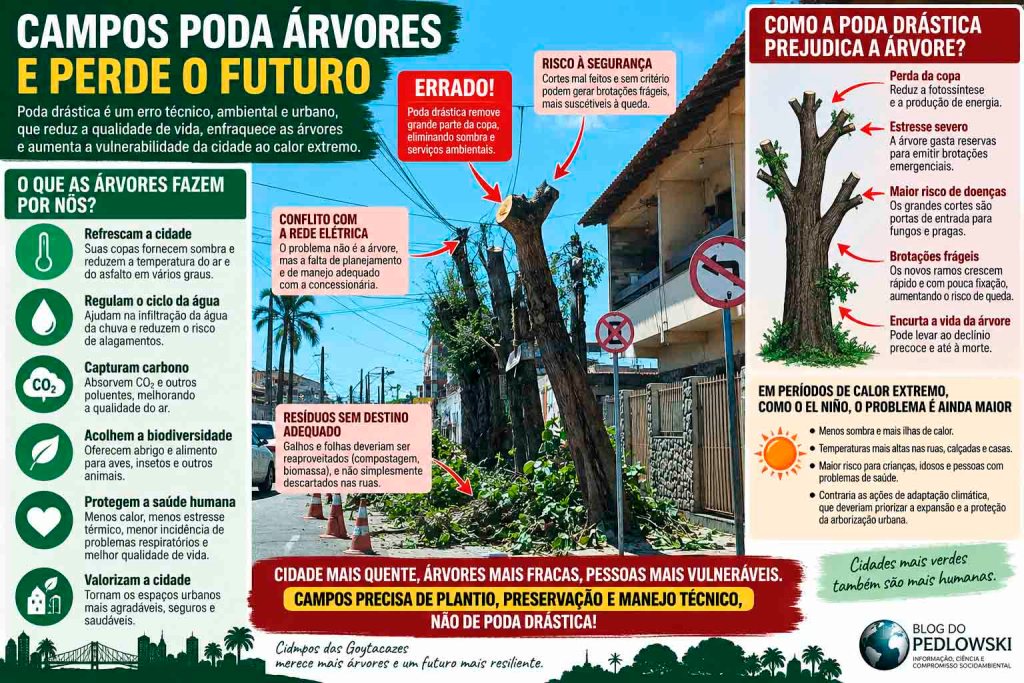 Poda severa de árvores gera alerta climático em Campos